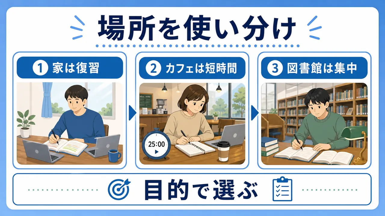 家、カフェ、図書館の学習場所を目的別に使い分ける図