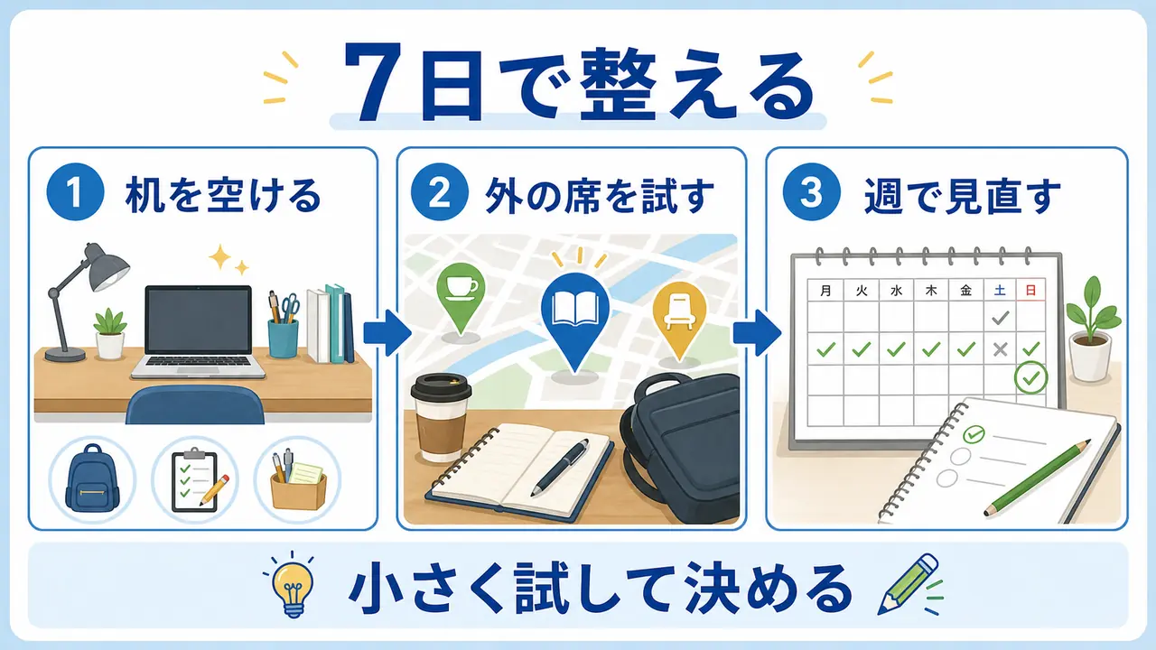 7日間で机、外の席、週間見直しを試す手順の図