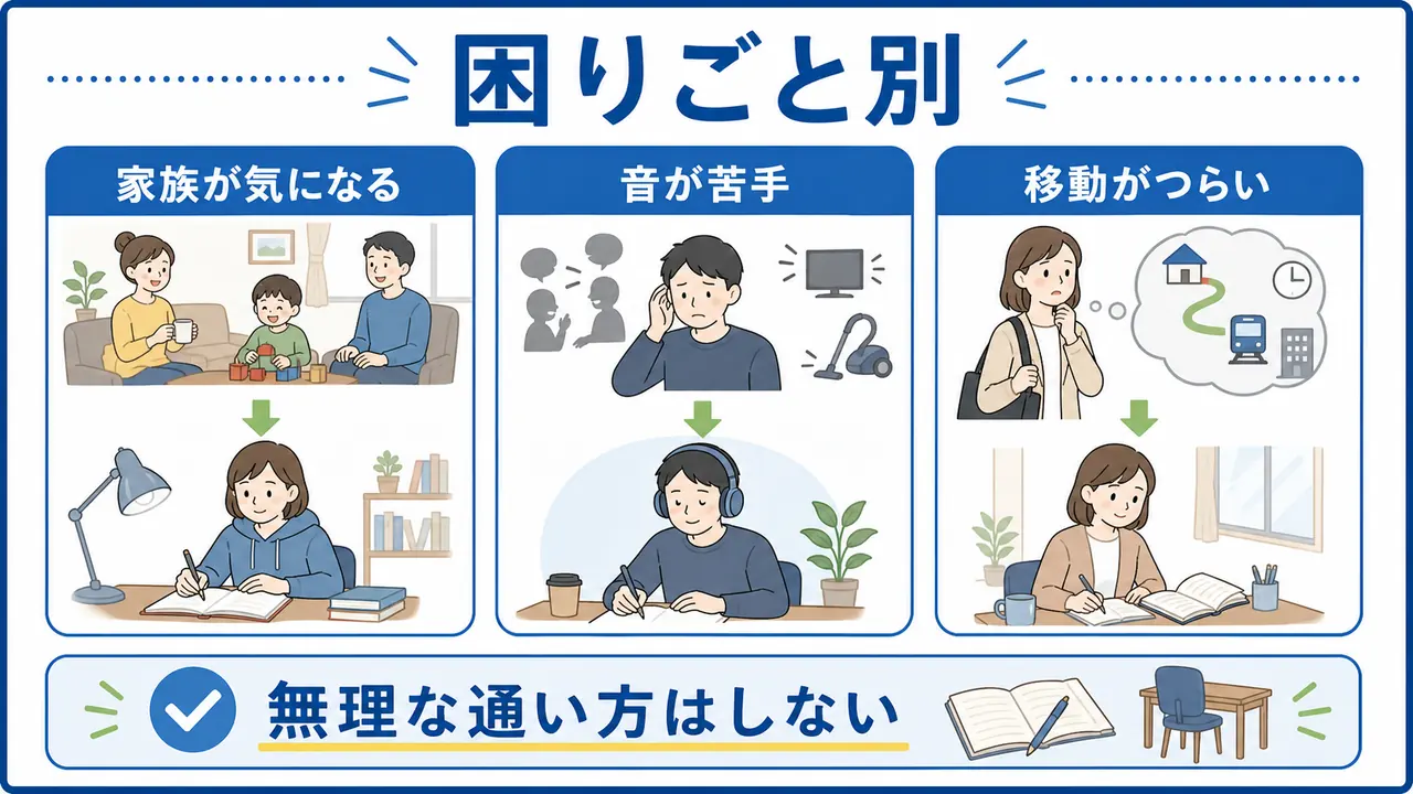家族、音、移動の負担別に学習場所を選ぶ図