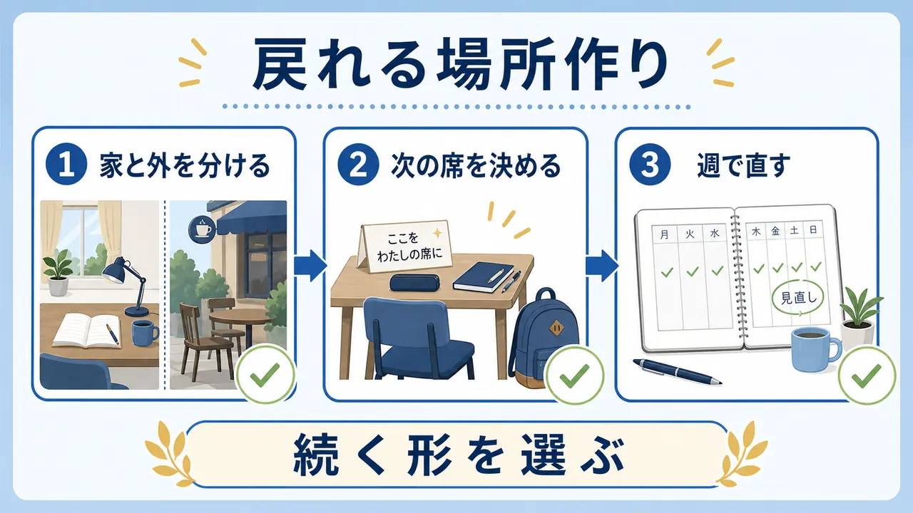 社会人が家と外を分けて戻れる学習環境を作るまとめ図