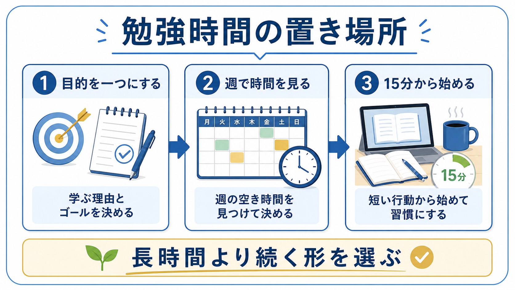 社会人が勉強時間の置き場所を、目的、週の予定、15分学習に分けて決める図