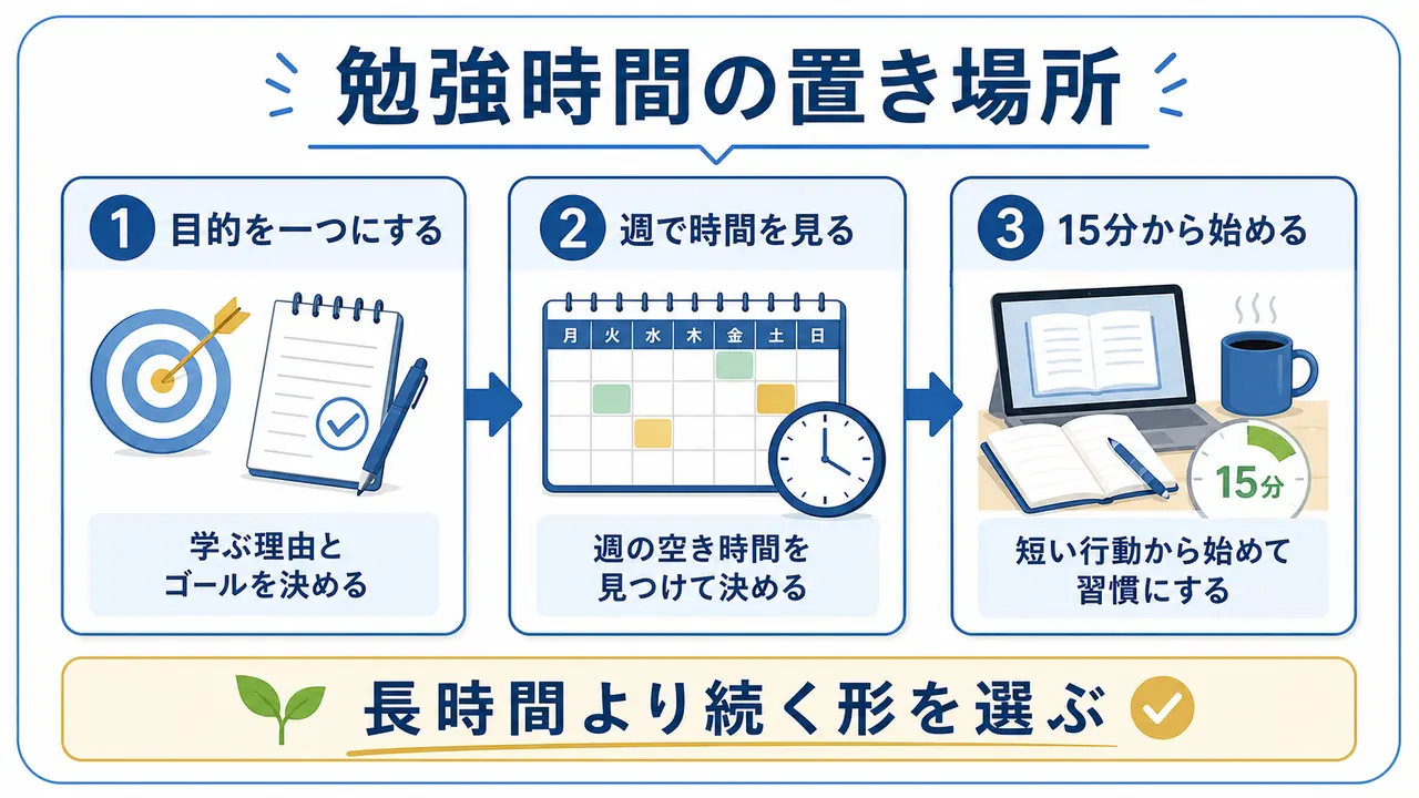 社会人が勉強時間の置き場所を、目的、週の予定、15分学習に分けて決める図