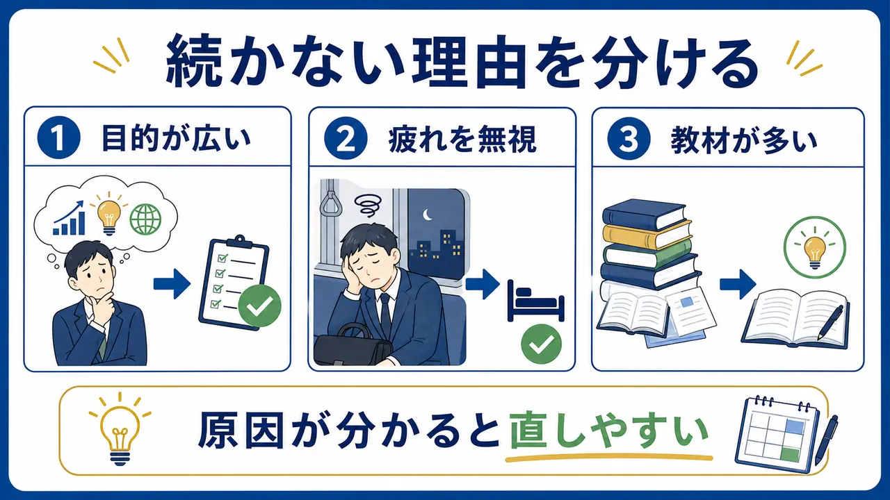 社会人の勉強が続かない理由を、目的、疲労、教材量に分けて整理した図
