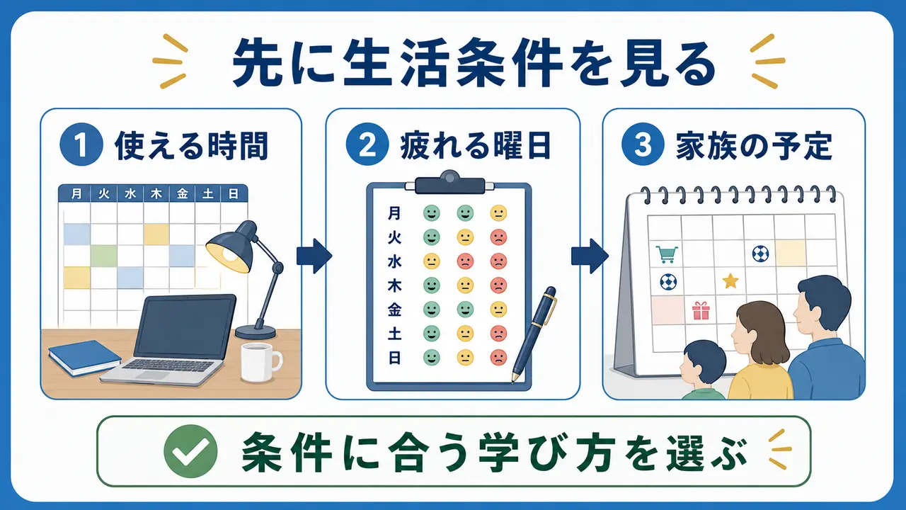 社会人が勉強法を選ぶ前に、使える時間、疲れる曜日、家族の予定を確認する図