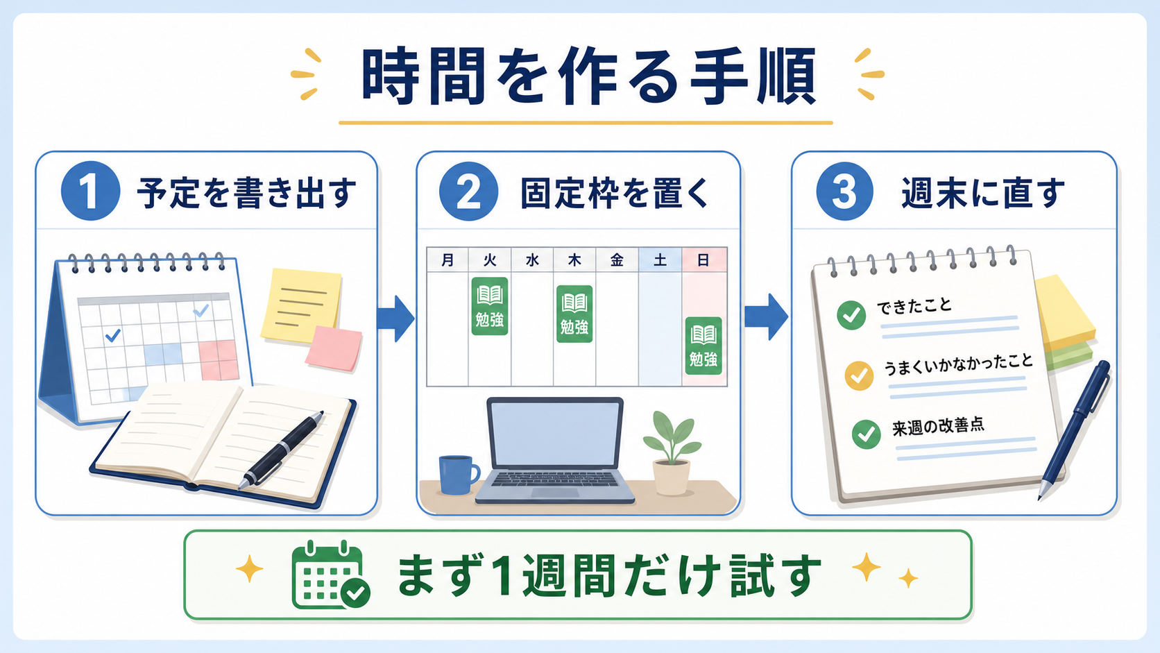 社会人が勉強時間を作るために、予定を書き出し、固定枠を置き、週末に見直す流れを示した図