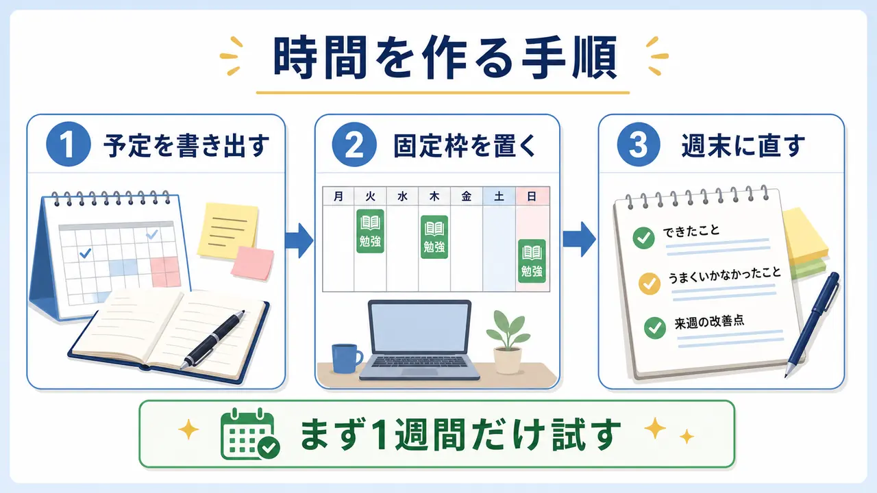 社会人が勉強時間を作るために、予定を書き出し、固定枠を置き、週末に見直す流れを示した図