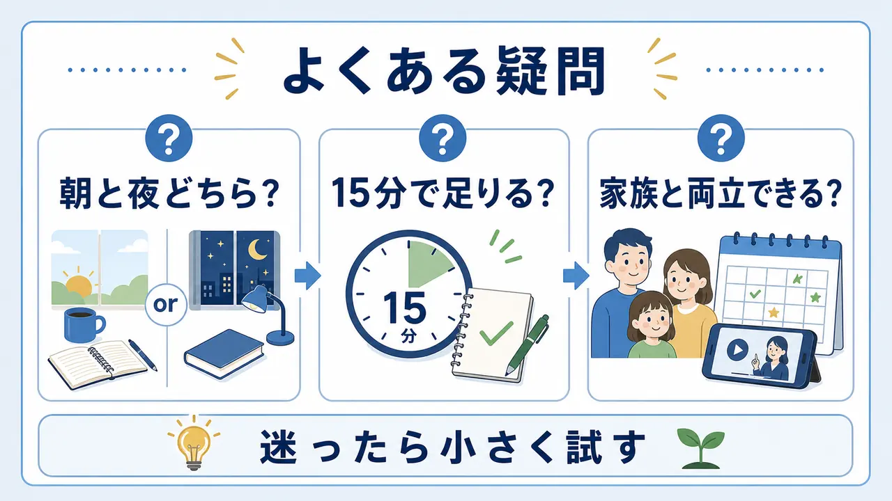 社会人の勉強時間について、朝と夜、15分学習、家族との両立を整理した図