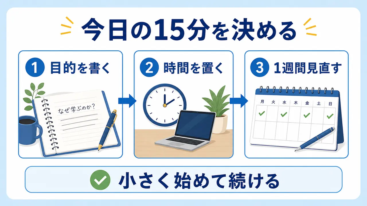 社会人が今日の15分を決め、目的、時間、1週間の見直しで学び直しを始める図