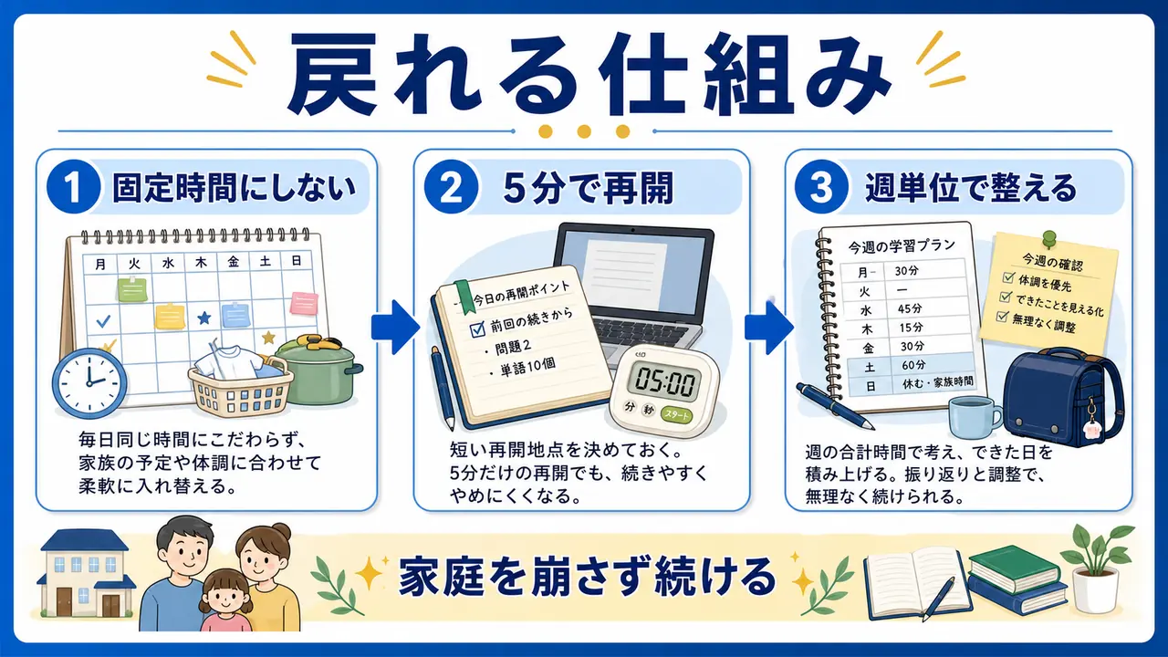 家事育児期の勉強は固定時間より戻れる仕組みを作る図