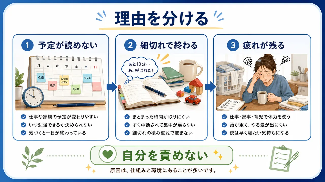 勉強時間がない理由を予定、細切れ時間、疲れに分ける図