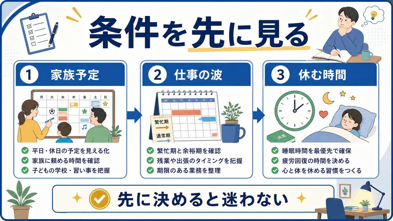 家庭予定、仕事の波、休む時間を先に確認する図