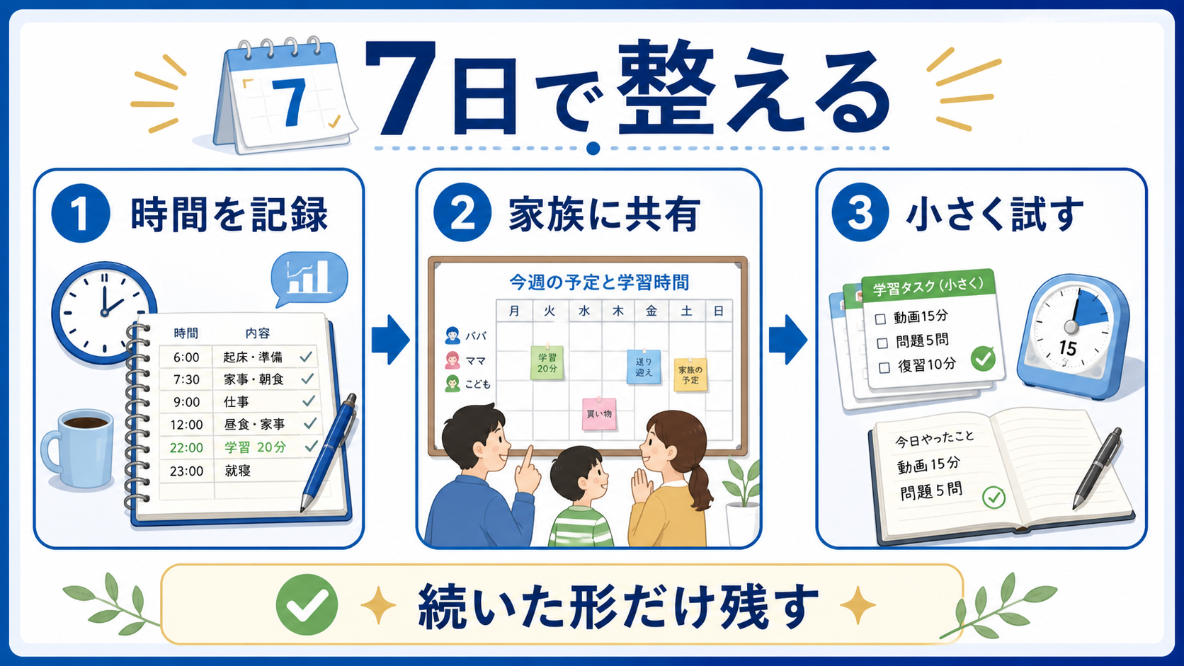 7日間で生活時間を記録し家族に共有して小さく試す手順の図