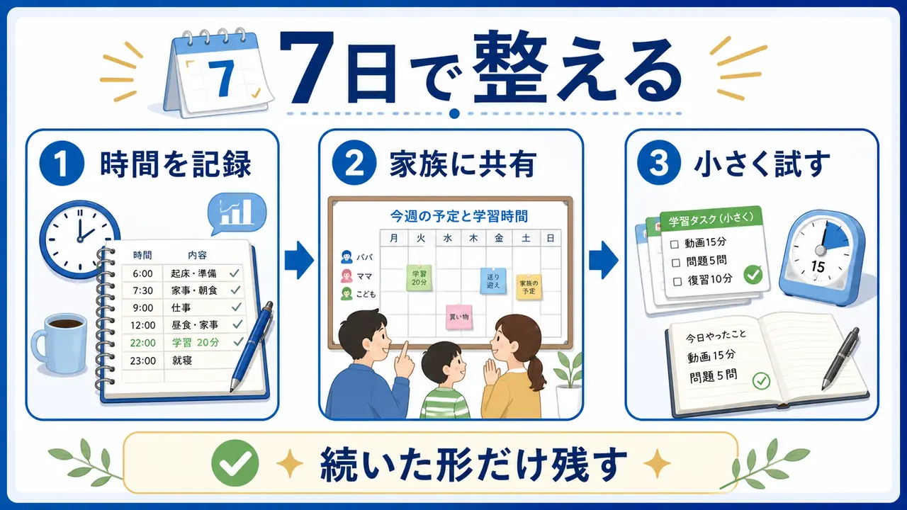7日間で生活時間を記録し家族に共有して小さく試す手順の図