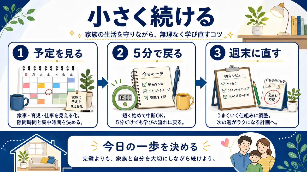 家族の生活を守りながら小さく学び直しを続けるまとめ図