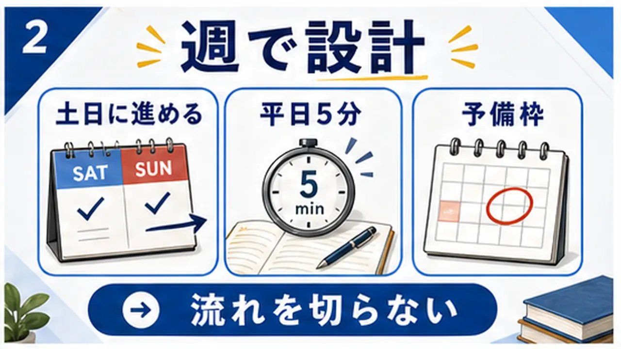 土日の集中時間と平日の5分復習を組み合わせる図