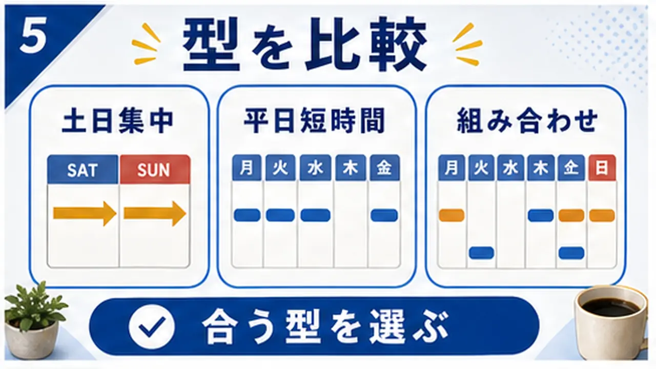 週末集中、平日短時間、混合型を比較する図