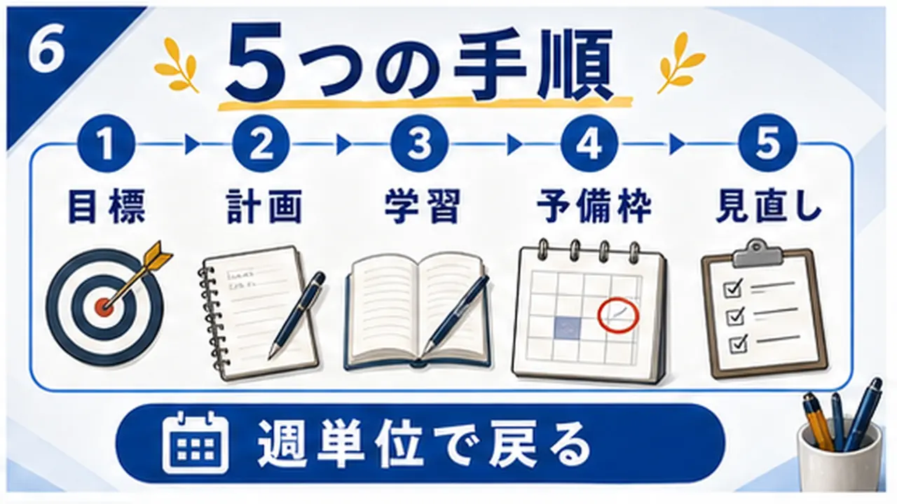 目標、週末枠、平日復習、予備日、見直しの手順図