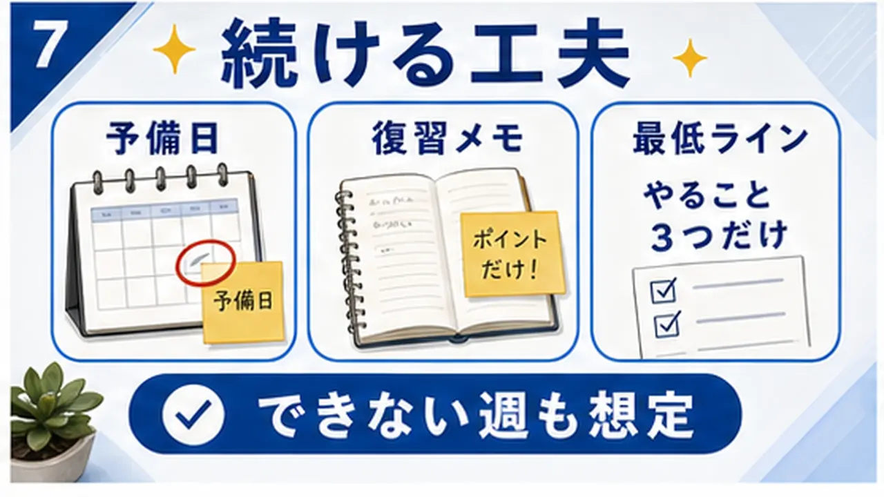 予備枠、復習メモ、家族時間、疲れた日の基準を確認する図