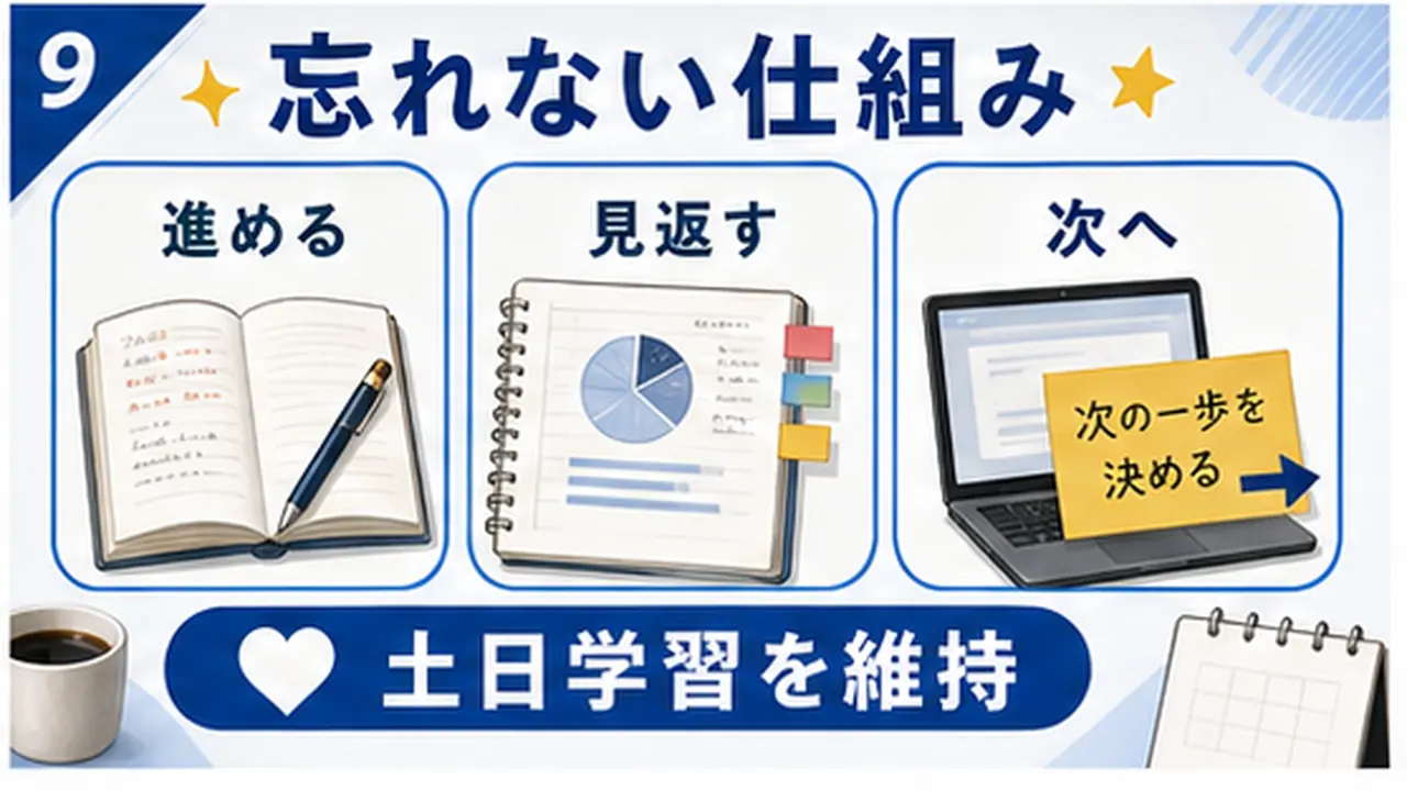 週末学習、平日5分、日曜見直しをまとめる図