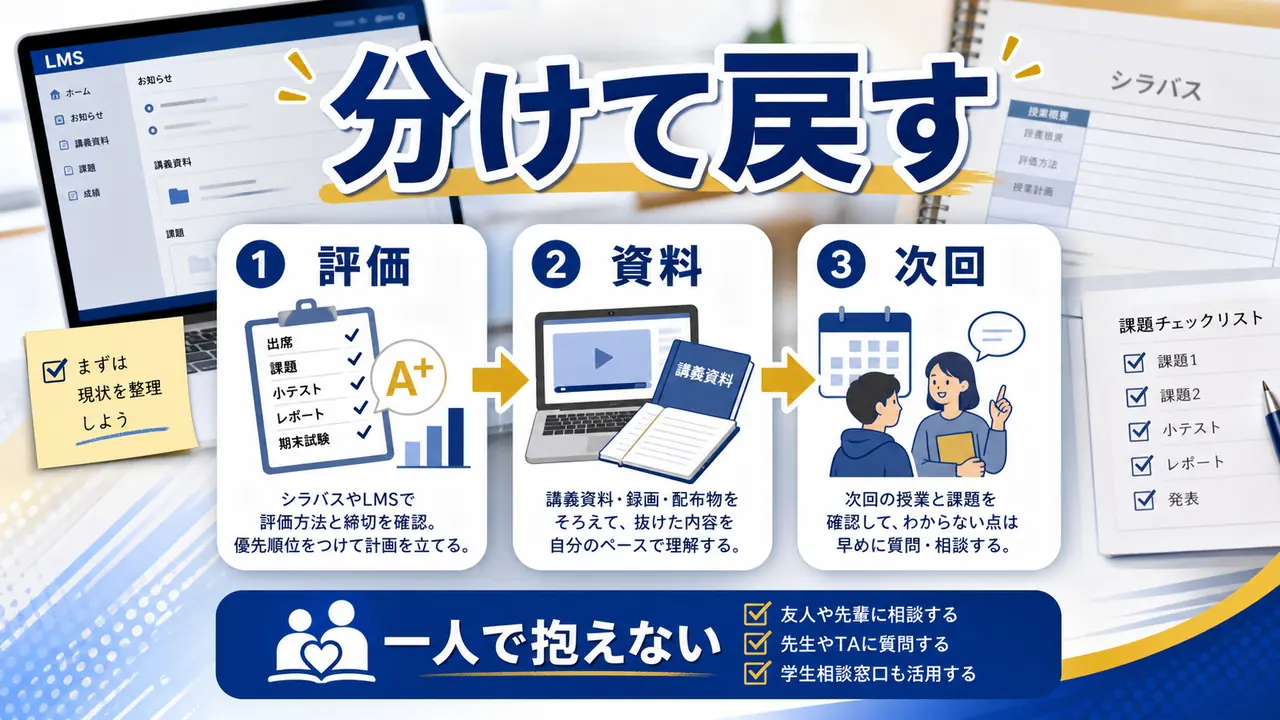 欠席後に評価情報と授業内容を分けて確認する図