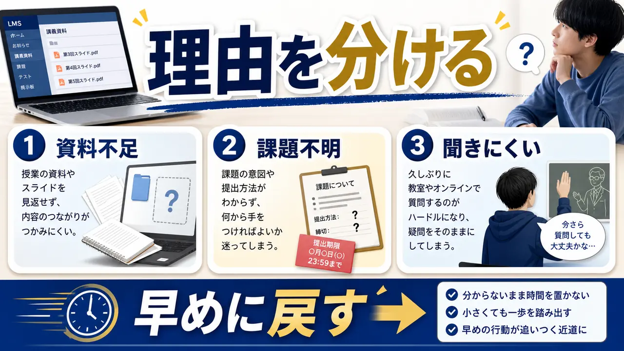 資料不足、課題不明、相談しにくさ、次回前提のずれを示す図