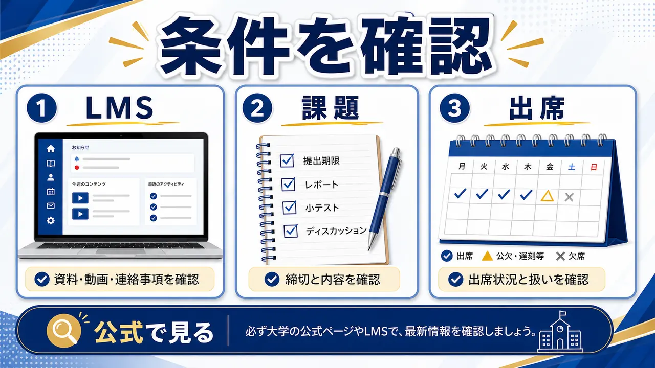 シラバス、LMS、課題、出席扱いを確認する図