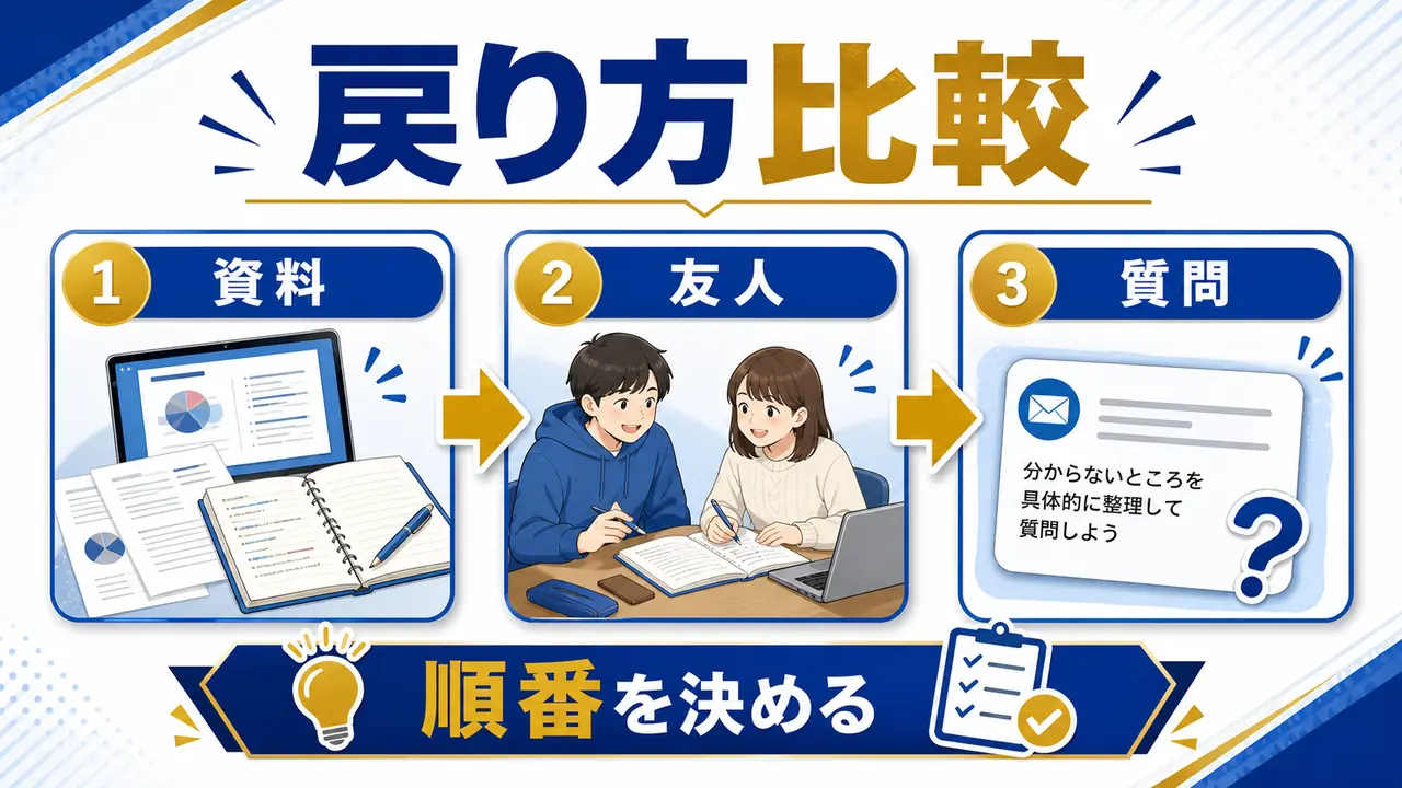 資料確認、友人ノート、質問、復習メモを比較する図