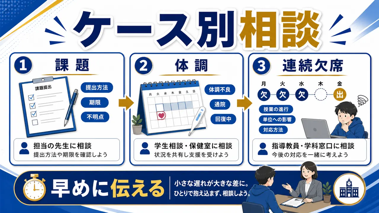 課題不明、体調不良、資料不足、連続欠席のケース図