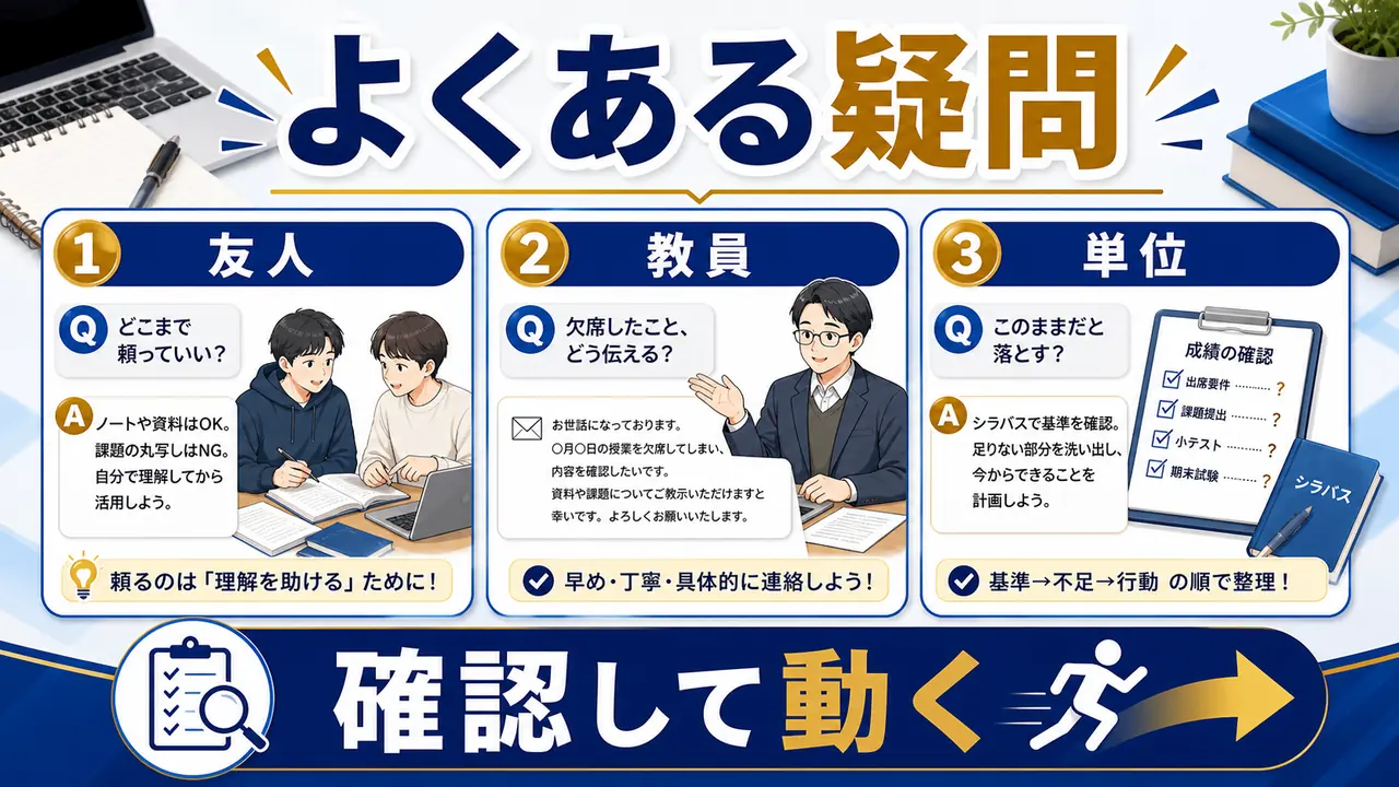 大学欠席後の追いつき方でよくある質問を整理する図
