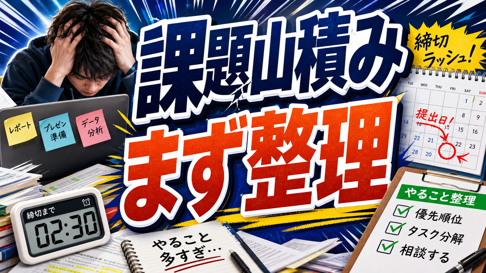 締切が重なった大学生が課題一覧とカレンダーを見ながら優先順位を整理するアイキャッチ画像