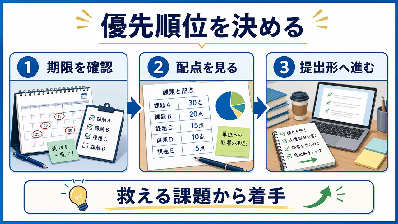 大学の課題を期限、配点、提出形に分けて優先順位を決める図