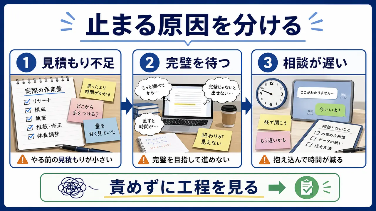 課題が止まる原因を見積もり不足、完璧主義、相談の遅れに分ける図