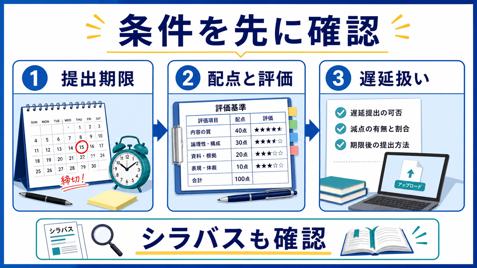 大学の課題で提出期限、配点と評価、遅延扱いを確認する図