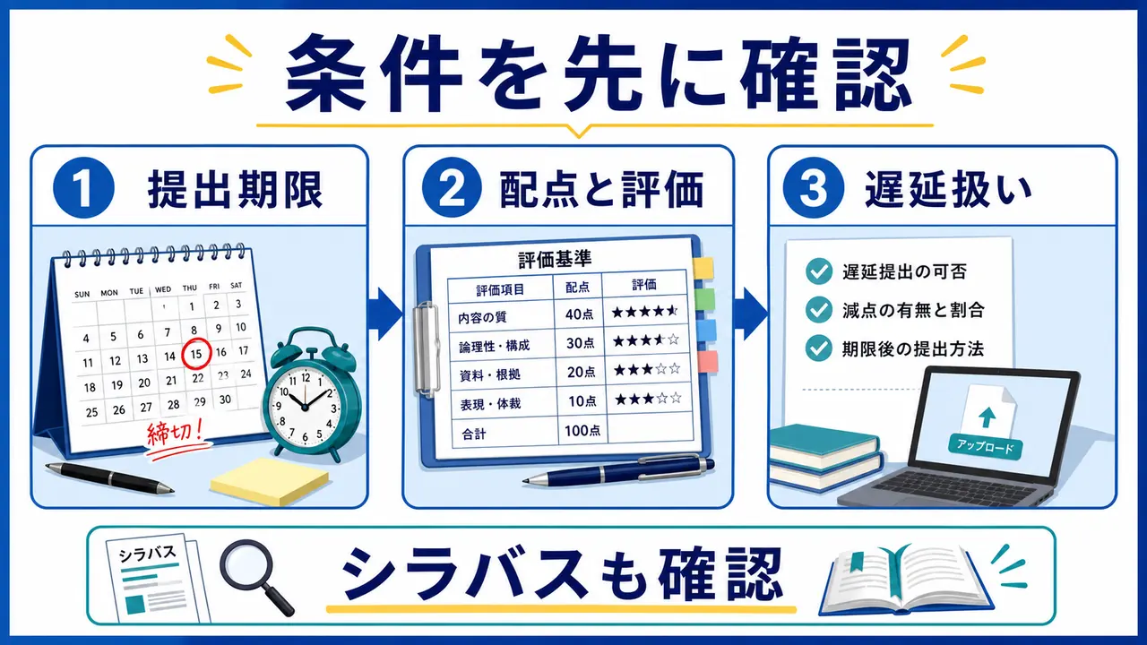大学の課題で提出期限、配点と評価、遅延扱いを確認する図