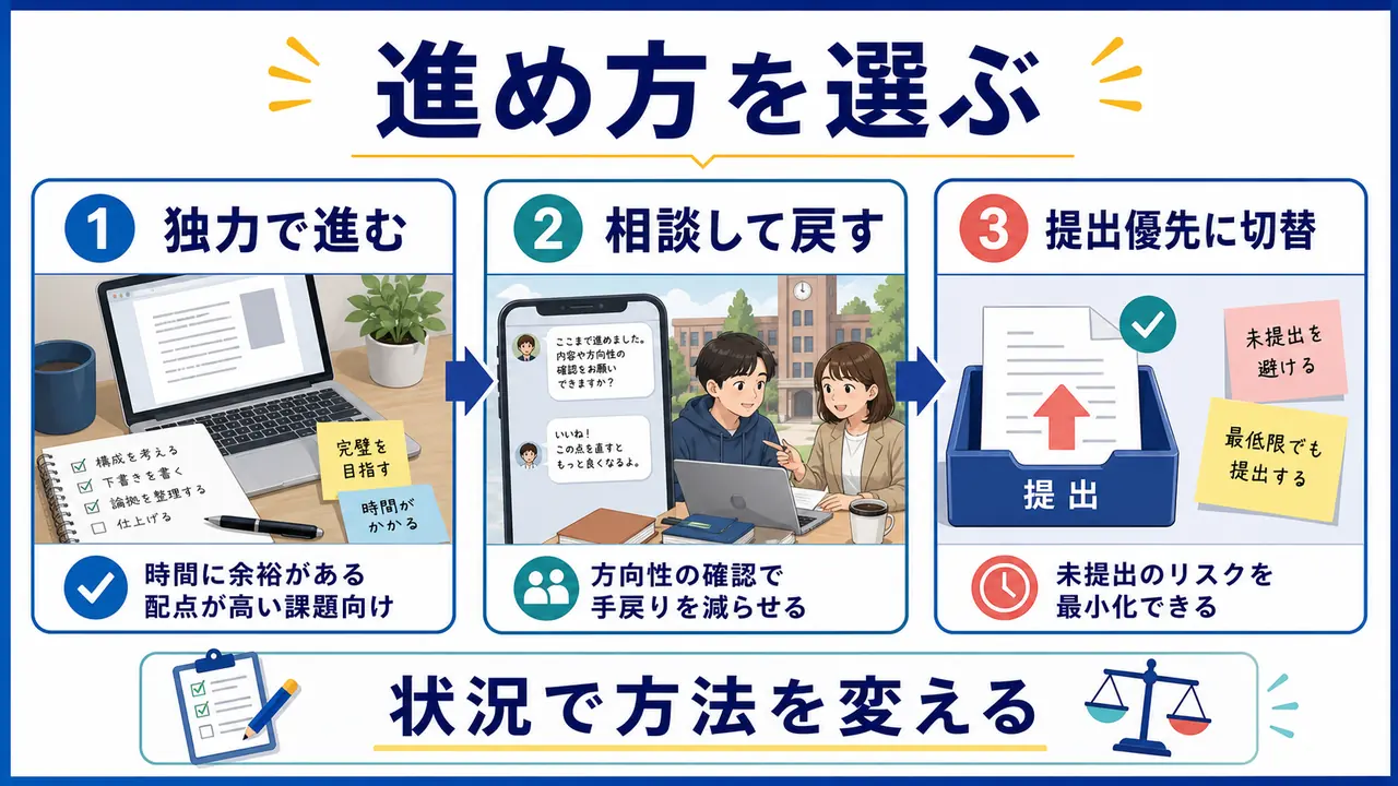 課題の進め方を独力で進む、相談して戻す、提出優先に切り替える選択肢で比較する図