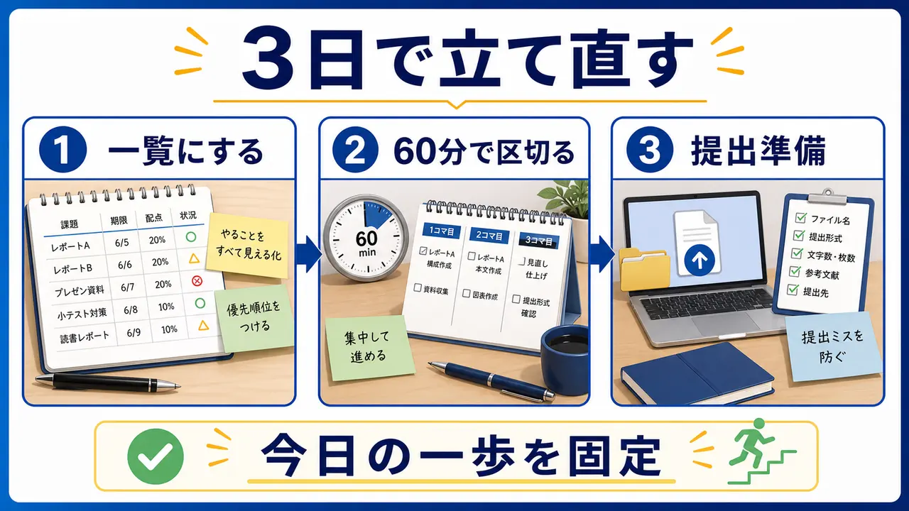 大学の課題を3日で立て直すために一覧化、60分で区切る、提出準備を進める図