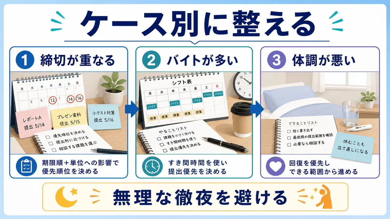 締切が重なる、バイトが多い、体調が悪いときの課題立て直し方を分ける図