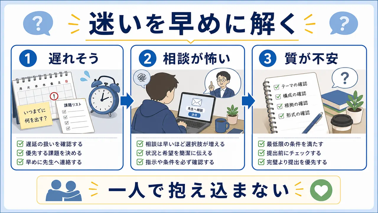 課題が終わらない大学生の遅れそう、相談が怖い、質が不安という迷いを整理する図
