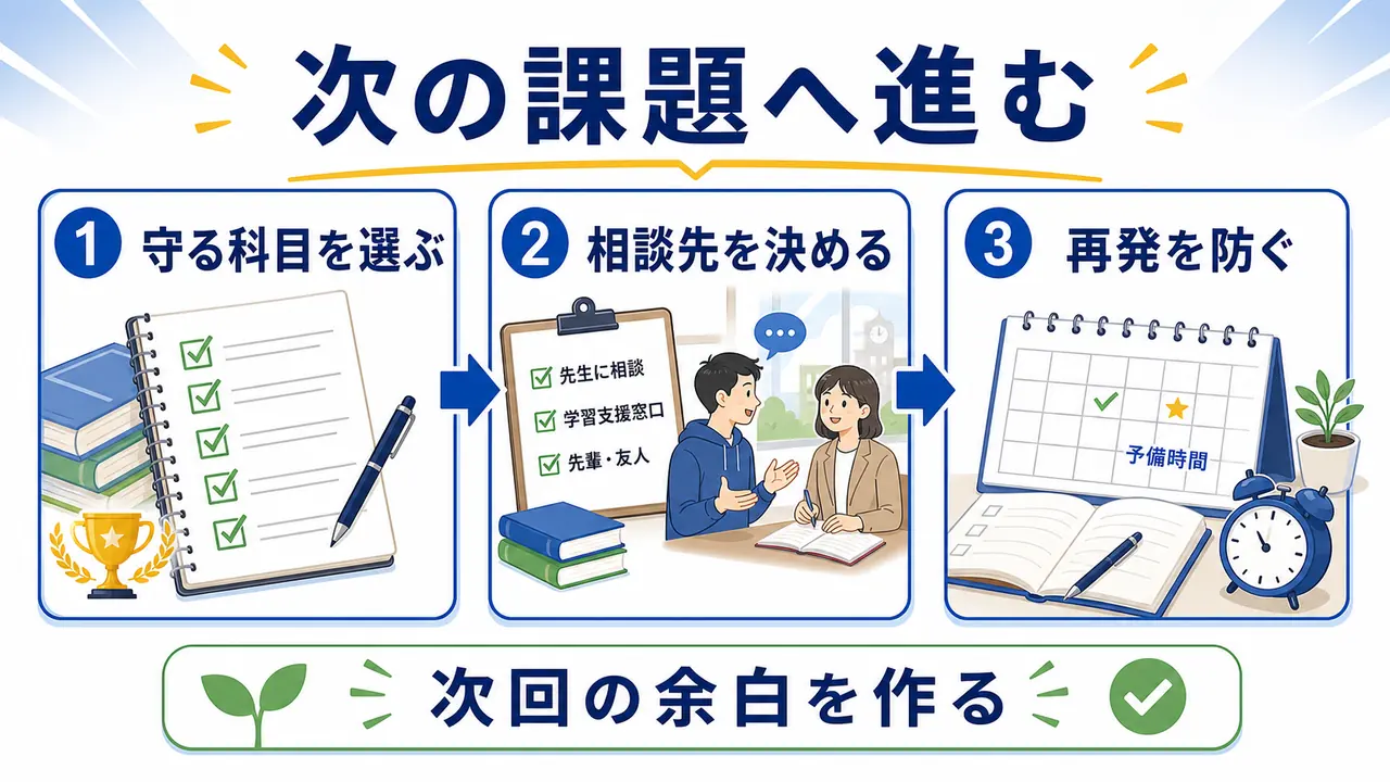 守る科目を選び、相談先を決め、次の課題で同じ状態を防ぐ流れを示す図