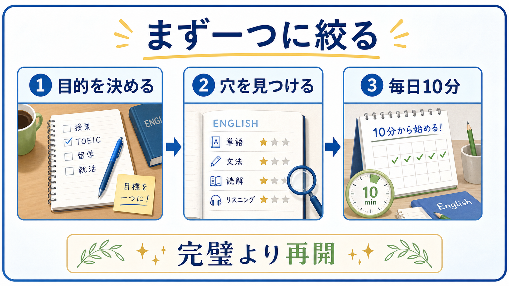 大学生が英語学習の目的、基礎の穴、毎日10分の再開を整理する図
