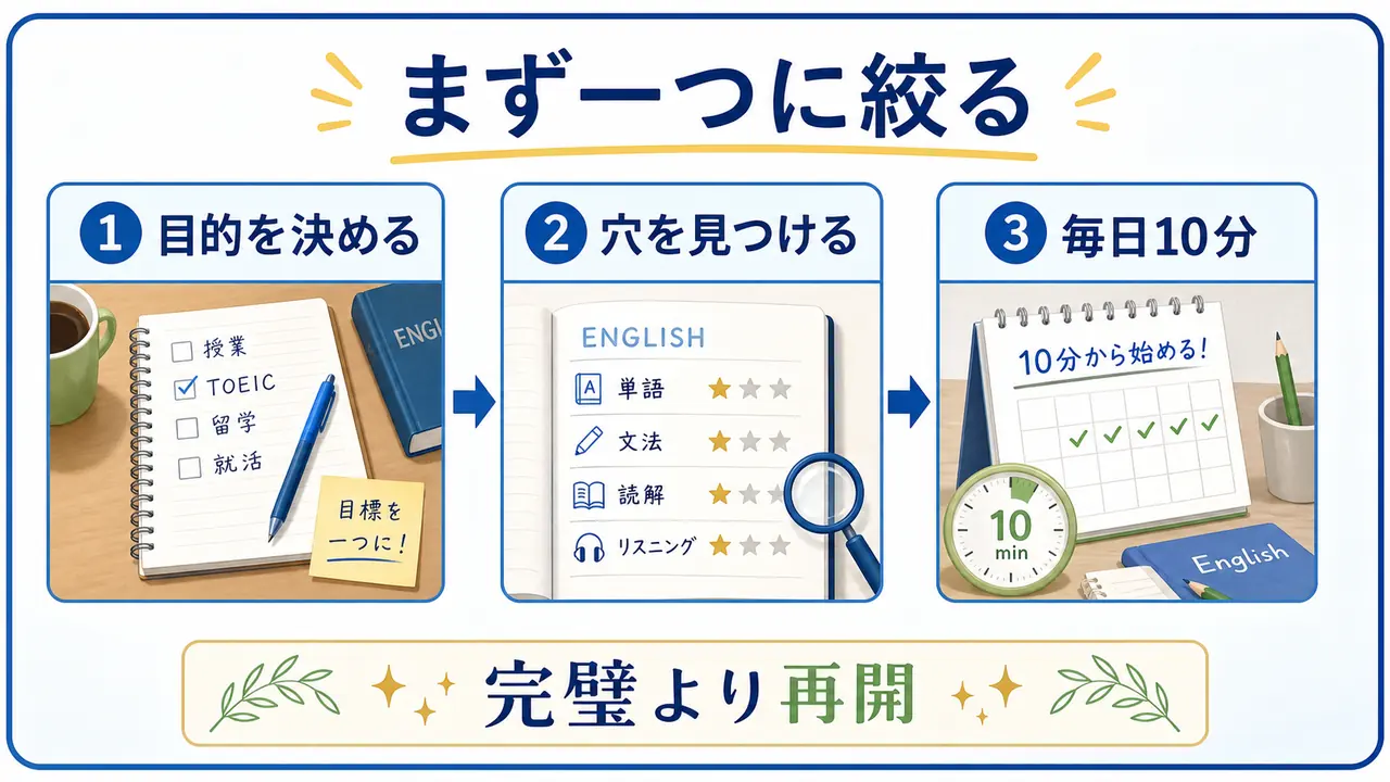 大学生が英語学習の目的、基礎の穴、毎日10分の再開を整理する図