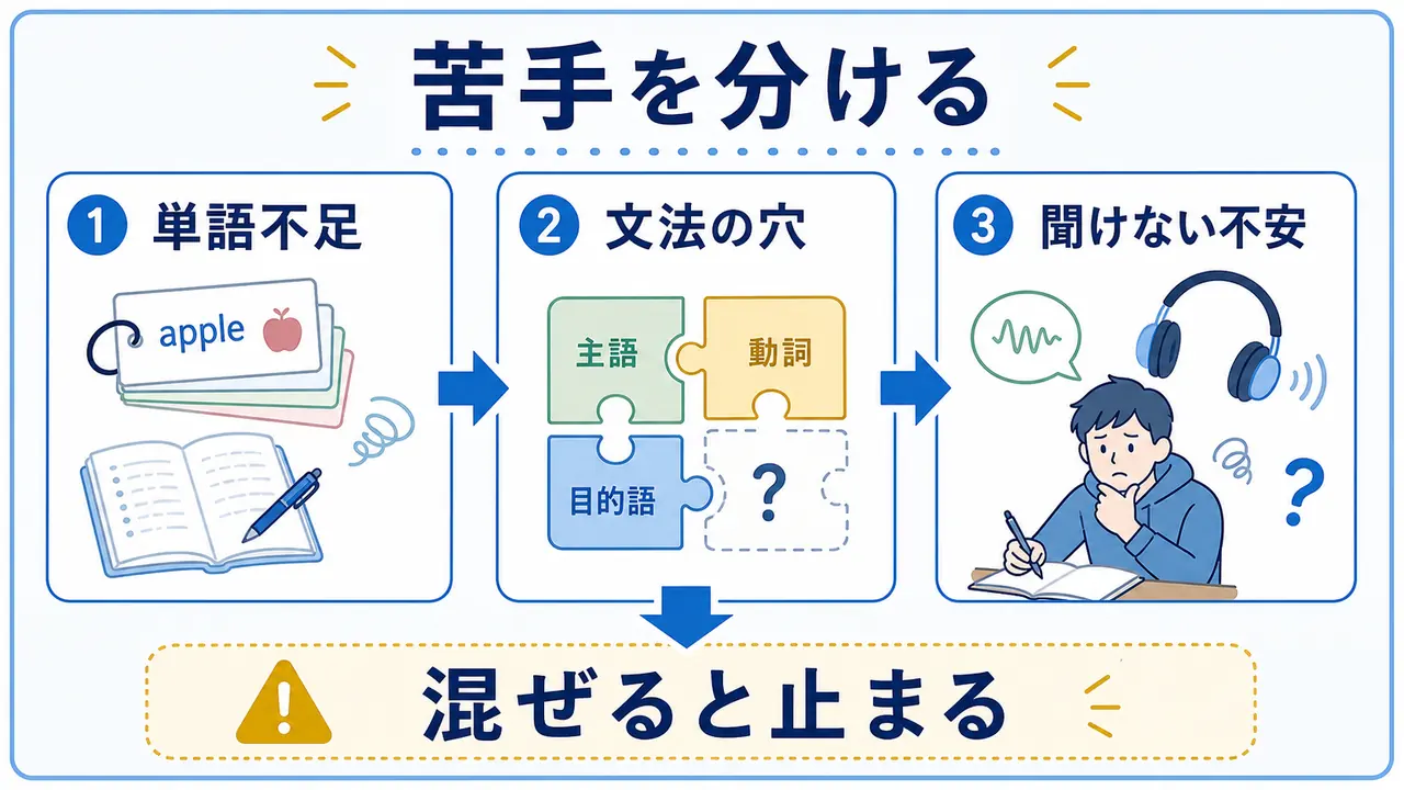 英語が苦手な理由を単語不足、文法の穴、聞けない不安に分けて整理する図