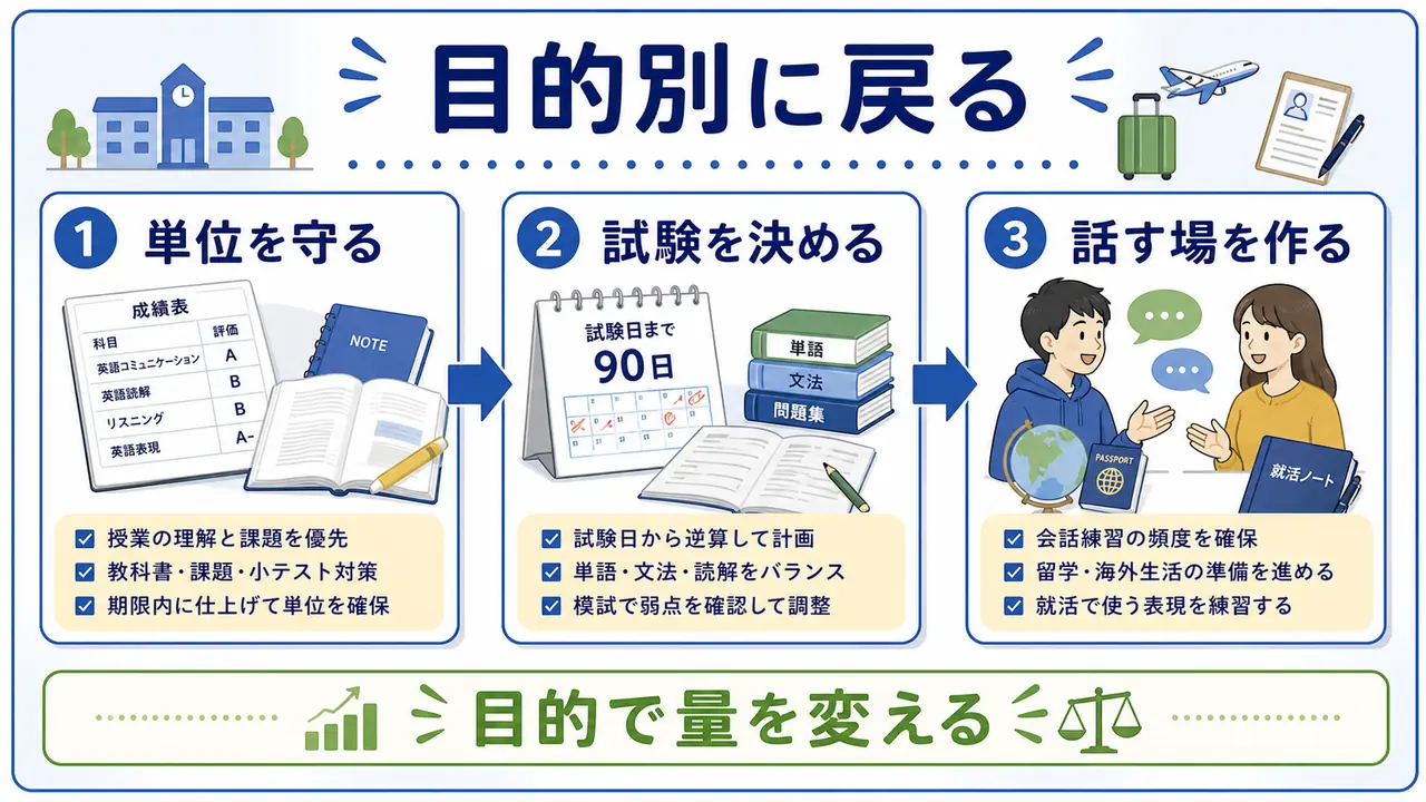 大学生の英語学習で単位、試験、話す場を目的別に整理する図