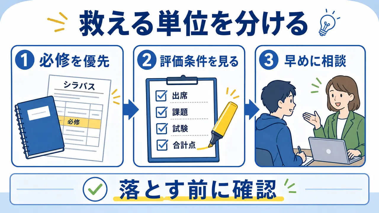 大学生が単位を落とす前に、必修、評価条件、相談先を分けて確認する図