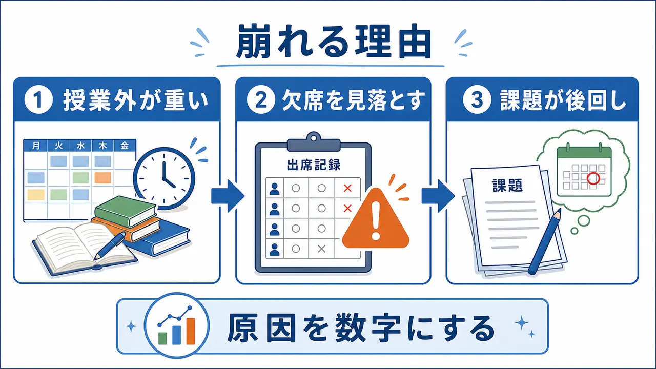 単位を落としそうになる原因を、授業外学習、欠席、課題の後回しに分ける図