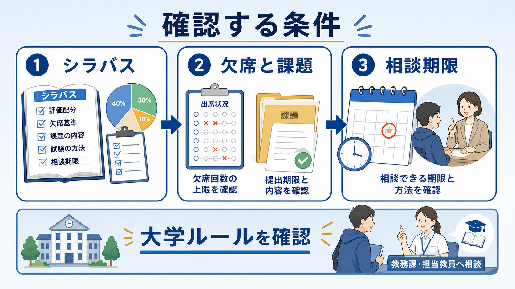 単位が危ない大学生が、シラバス、欠席と課題、相談期限を確認する図