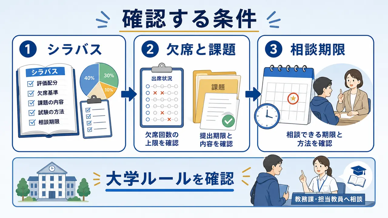 単位が危ない大学生が、シラバス、欠席と課題、相談期限を確認する図