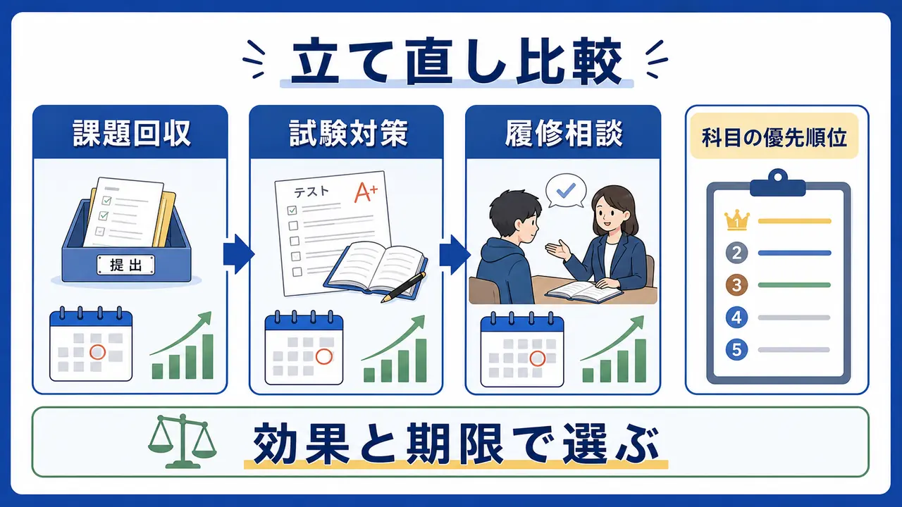 単位を落としそうな大学生が、課題回収、試験対策、履修相談を比較する図