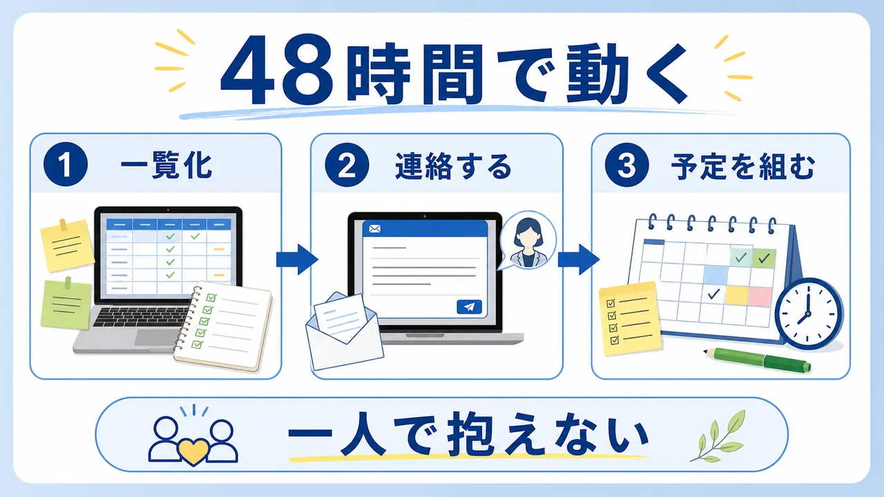 単位が危ない大学生が48時間で科目一覧、連絡、予定づくりを進める図