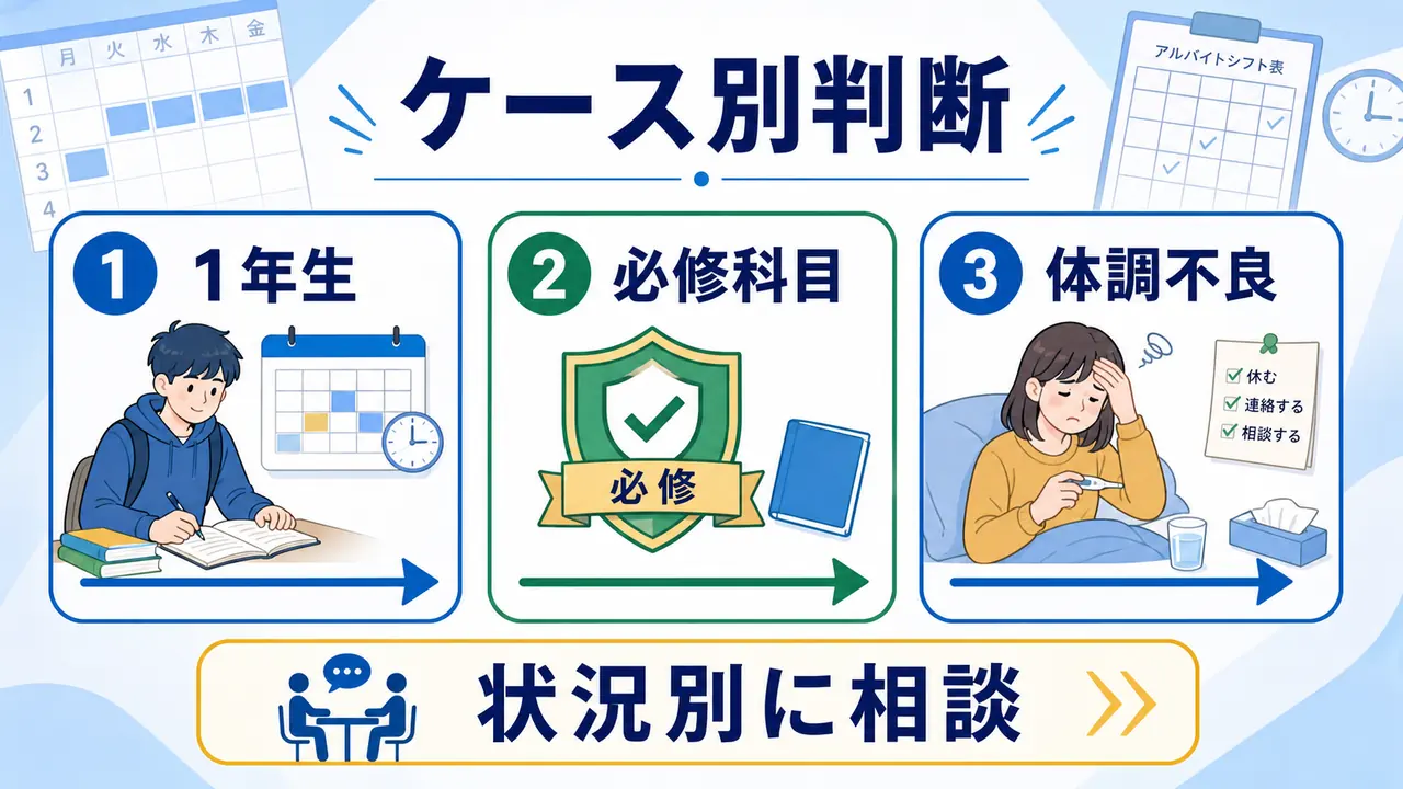 大学生が1年生、必修科目、体調不良などのケース別に相談先を選ぶ図